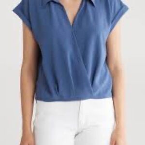 Pleione NWT Women’s XL Cadet Blue Collared Faux Wrap Top Short Sleeve Polyester